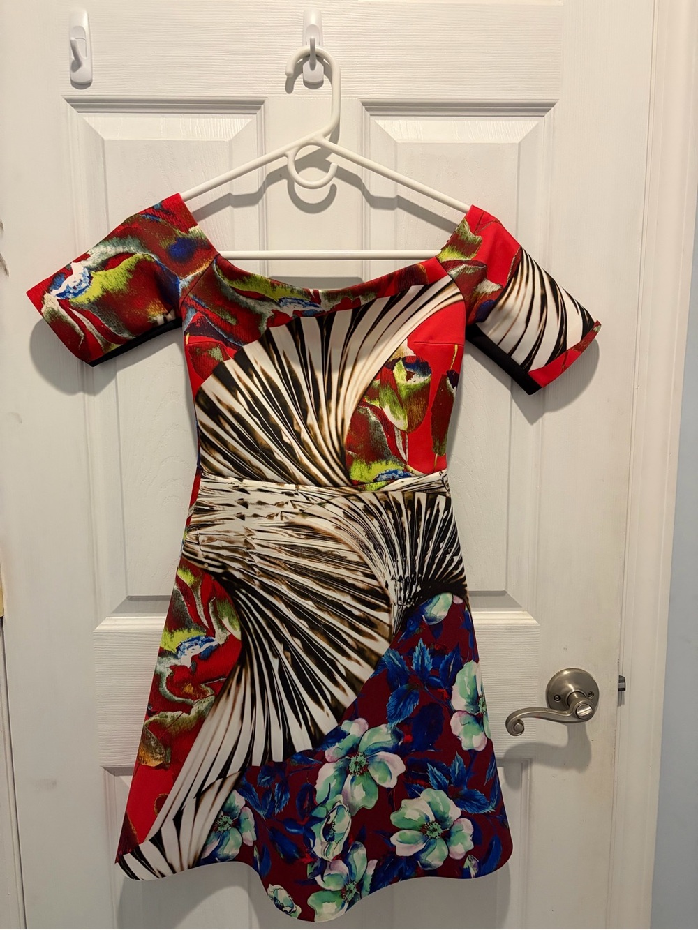 Clover Canyon Red Multi Off the Shoulder Fit-and-Flare Dress